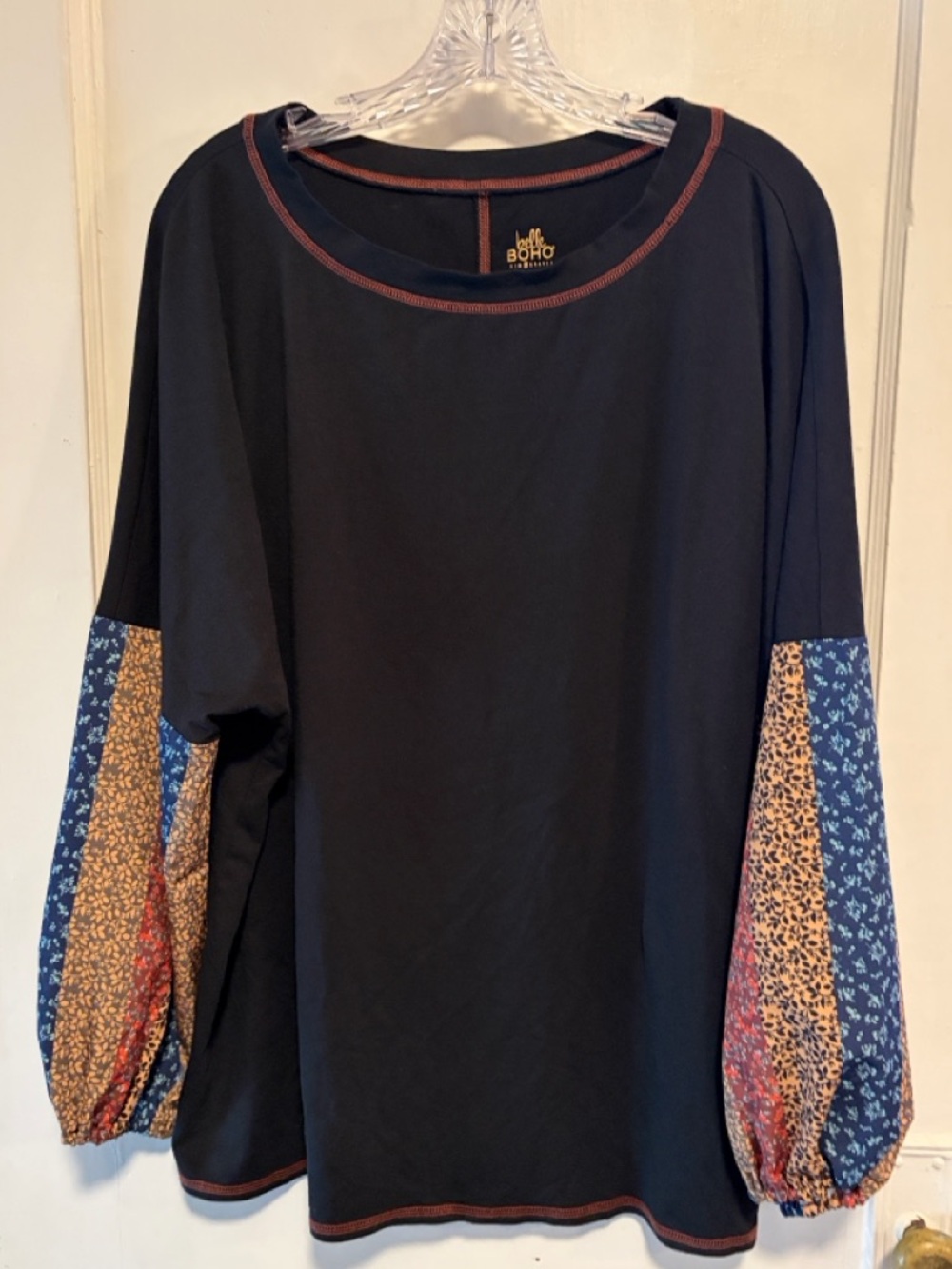 Belle Boho Kim Gravel Floral Patchwork Print Sleeve Pullover Artsy Top Sz 2X